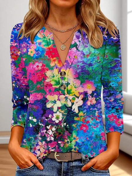 

Casual Floral V Neck Three Quarter Sleeve T-shirt, Blue, T-shirts