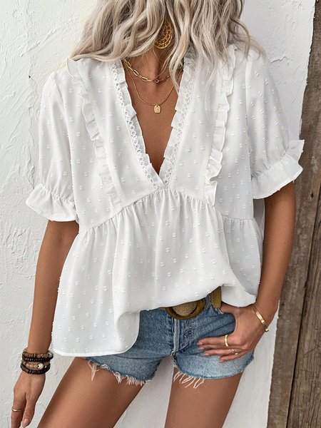 

V Neck Short Sleeve Plain Regular Micro-Elasticity Regular Fit Shirt For Women, White, Shirts