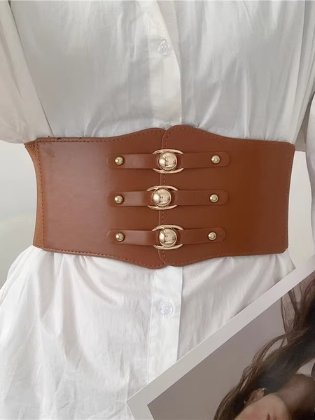 

PU Button Waist Band With Belt, Brown, Belts