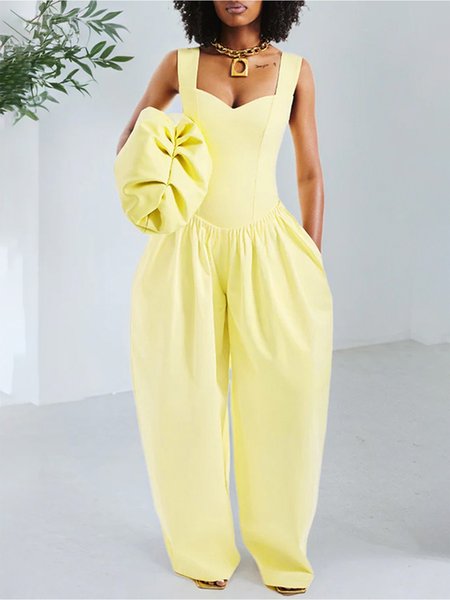 

Casual Ruched Plain Spaghetti Cami Jumpsuit, Yellow, Jumpsuits