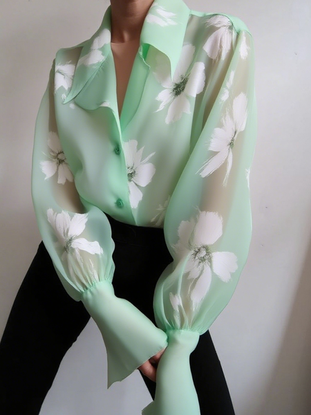 

Elegant Floral Printing Lapel Collar Shirt, Green, Blouses and Shirts