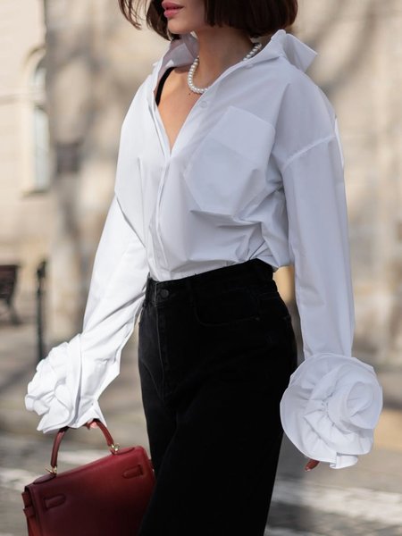 

Urban Plain 3D Floral Shirt Collar Shirt, White, Blouses and Shirts