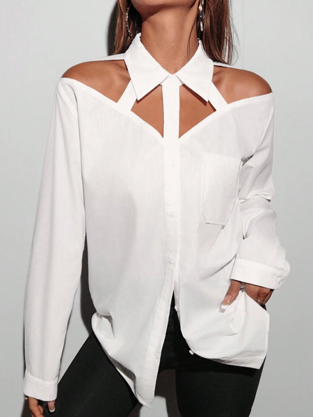 

Cotton Casual Plain Hollow Out Shirt, White, Blouses and Shirts