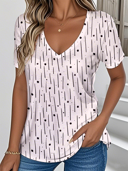 

Casual Geometric V Neck Short Sleeve T-shirt, Pink, T-shirts