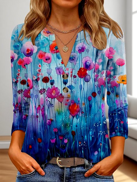 

Casual Floral V Neck Three Quarter Sleeve T-shirt, Blue, T-shirts