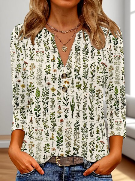 

Casual Floral V Neck Three Quarter Sleeve T-shirt, Apricot, T-shirts