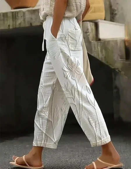 

Women 3D Printing Long Pants Vintage Spring/Fall Trousers, White, Pants