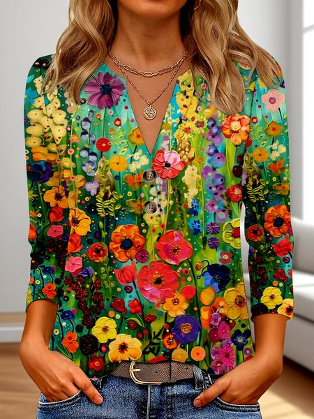 

Casual Floral V Neck Three Quarter Sleeve T-shirt, Green, T-shirts