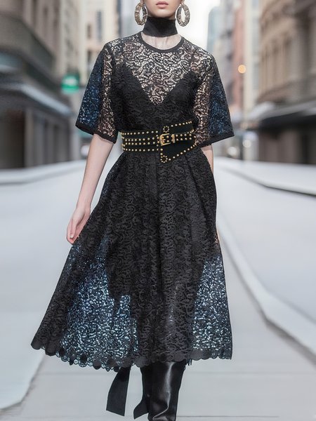 

Elegant Plain Crew Neck Midi Dress With Necklace No Belt, Black, Midi Dresses