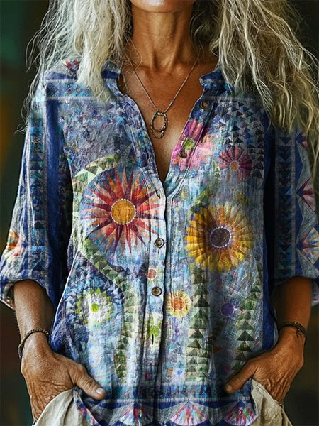 

Stand Collar Half Sleeve Geometric Regular Loose Shirt For Women, As picture, Shirts