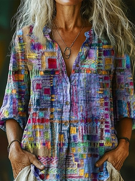 

Stand Collar Half Sleeve Multicolor Block Regular Loose Shirt For Women, As picture, Shirts