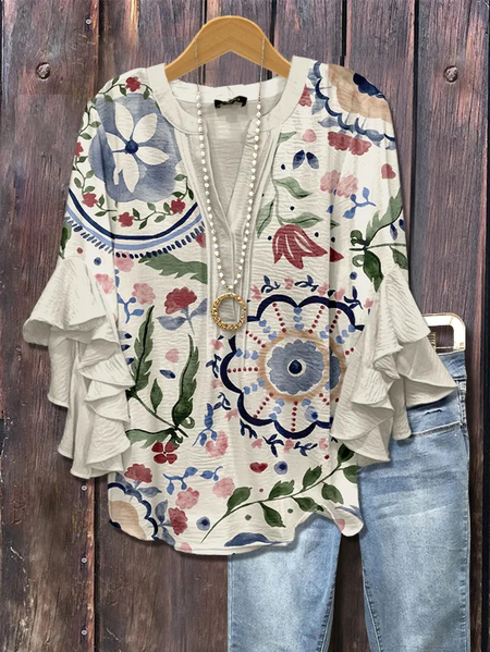 

Women Floral Half Sleeve Shirt Summer Printing V Neck Daily Casual Top, Off white, Shirts