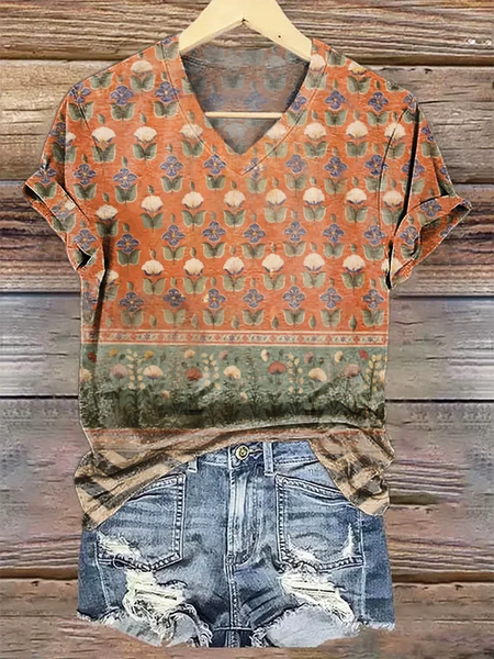 

Women Floral Short Sleeve Tee T-shirt V Neck Printing Casual Summer Graphic Tee Top, Orange, T-Shirts