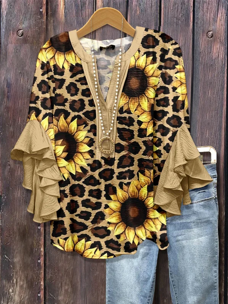 

Women Leopard Half Sleeve Shirt Summer Printing V Neck Daily Casual Top, Khaki, Shirts