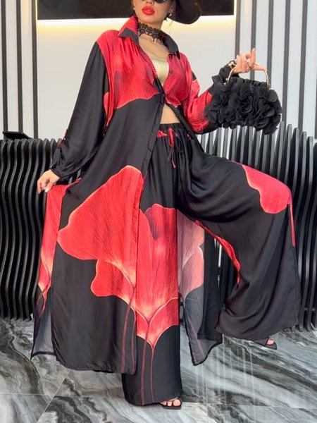 

Elegant Printing Floral Shirt Collar Kimono, Red-black, Kimonos