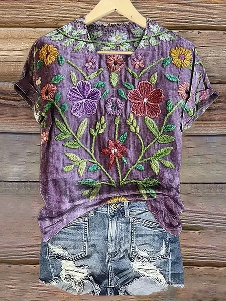 

Women Floral Short Sleeve Tee T-shirt V Neck Printing Casual Summer Graphic Tee Top, Purple, T-Shirts