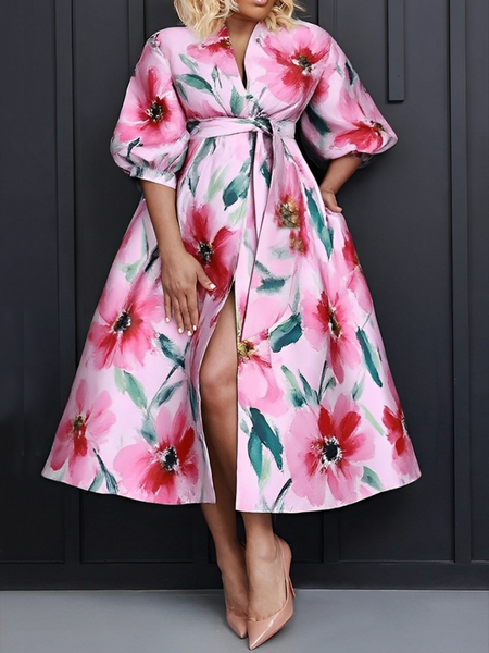 

Elegant Floral Printing Midi Dress With Belt, As picture, Midi Dresses