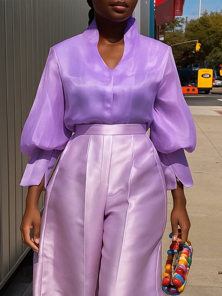 

Elegant Plain Stand Collar Balloon Sleeve Blouse, Light purple, Blouses and Shirts