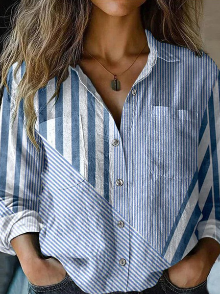 

Shawl Collar Long Sleeve Striped Regular Loose Shirt For Women, Blue, Shirts
