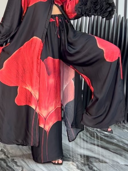 

Elegant Floral Printing Wide Leg Pants, Red-black, Pants
