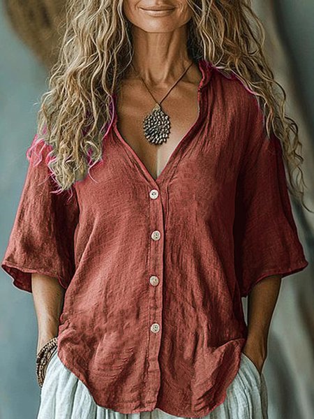 

Casual Plain V Neck Shirt, Rust, Blouses & Shirts