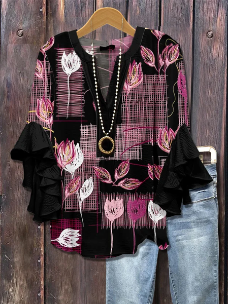 

Women Floral Half Sleeve Shirt Summer Printing V Neck Daily Casual Top, Black, Shirts