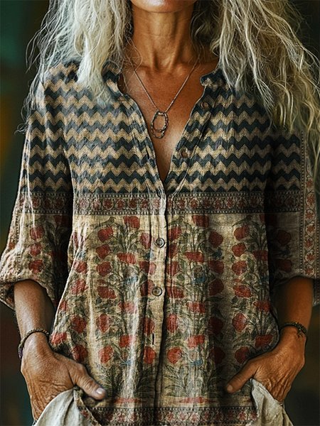 

Stand Collar Half Sleeve Striped Regular Loose Shirt For Women, As picture, Shirts