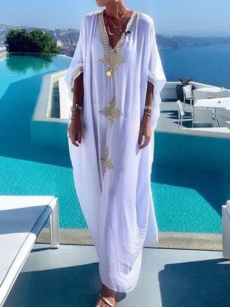 

Vacation Ethnic V Neck Maxi Dress, White, Maxi Dresses