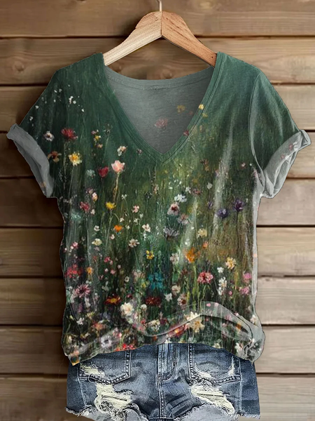 

Casual Floral V Neck Short Sleeve T-shirt, Green, T-shirts