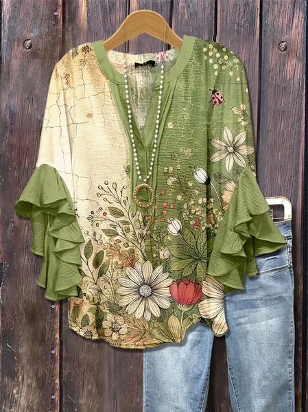 

Women Floral Half Sleeve Shirt Summer Printing V Neck Daily Casual Top, Green, Shirts