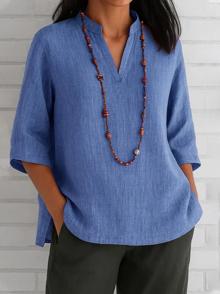 

V Neck Half Sleeve Plain Pullover Lightweight Loose Blouse For Women, Blue, Blouses