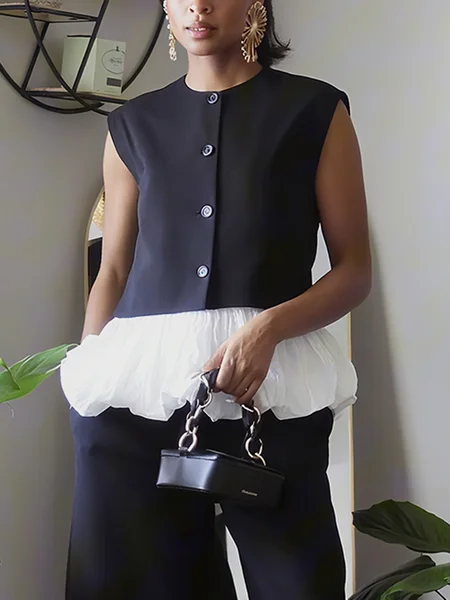 

Urban Split Joint Black And White Colorblock Crew Neck Vest, Black-white, Vests and Gilets