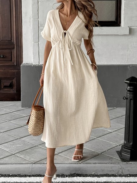 

Vacation Plain Lace-up V Neck Maxi Dress, Beige, Maxi Dresses