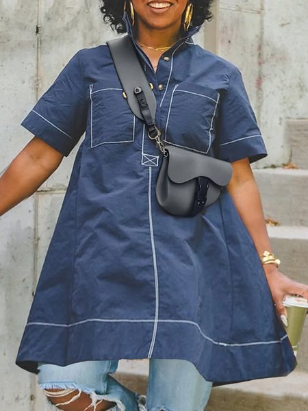 

Casual Plain Buttoned Mini Dress, Navy blue, Midi Dresses