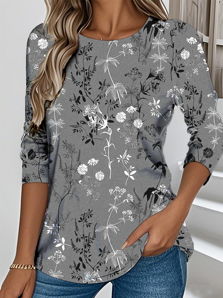 

Vintage Floral Crew Neck Long Sleeve T-shirt, Gray, T-shirts