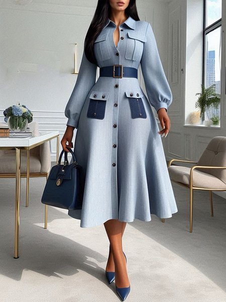

Urban Color Block Split Joint Midi Dress With Belt, Blue, Midi Dresses