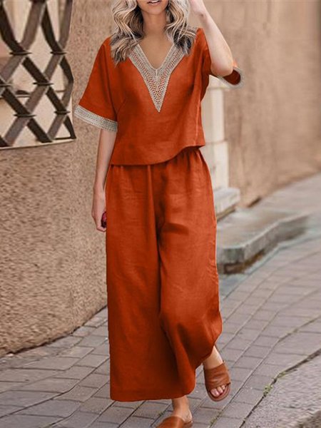 

Casual Plain V Neck Two-Piece Set, Brown, Suits