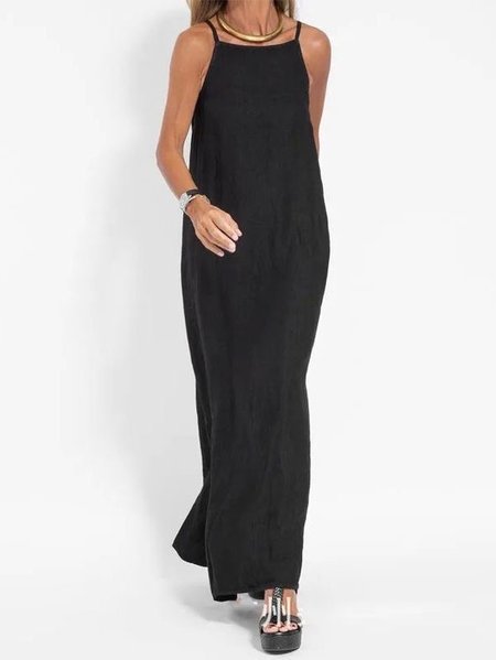 

Women Plain Summer Split Joint Dress Crew Neck Sleeveless Tank A-Line Dress, Black, Dresses