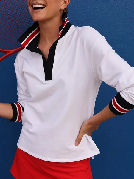 

Casual Color Block Webbing Polo Collar Blouse, White, Blouses and Shirts