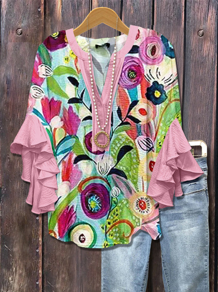 

V Neck Half Sleeve Floral Printing Regular Loose Shirt For Women, Pink, Blouses