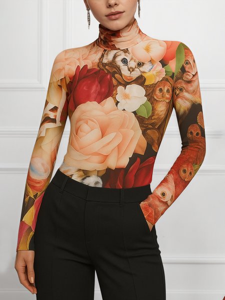 

Elegant Floral Printing Turtleneck T-shirt, As picture, Tees