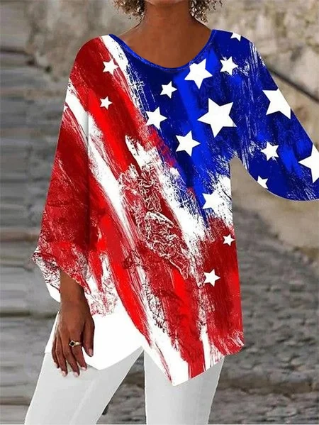 

V Neck Long Sleeve America Flag Regular Loose Blouse For Women, As picture, Blouses
