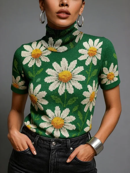 

Casual Floral Turtleneck Sweater, Green, Pullovers