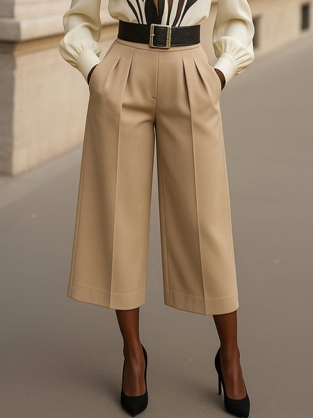 

Urban Plain Wide Leg Fashion Pants No Belt, Khaki, Pants