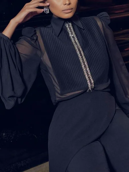 

Elegant Plain Webbing Shirt Collar Puff Sleeve Shirt, Black, Blouses and Shirts