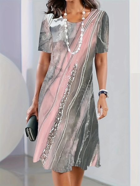 

Women Abstract Summer Printing Dress Crew Neck Short Sleeve Tunic H-Line Dress, Pink-gray, Dresses