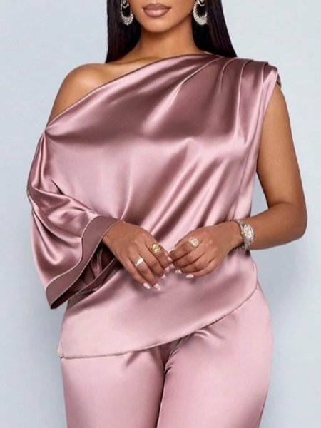 

Elegant Plain Ruched Asymmetrical Blouse, Pink, Blouses and Shirts