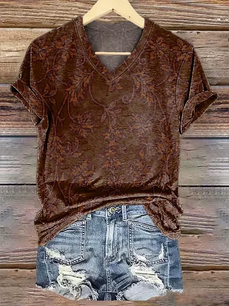 

Casual Floral V Neck Short Sleeve T-shirt, Brown, T-shirts