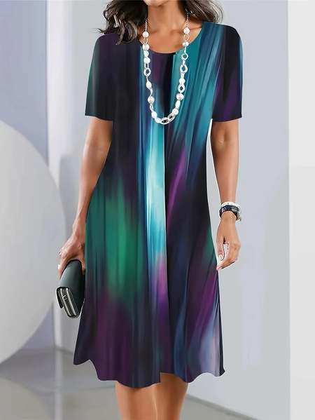

Women Abstract Short Sleeve Summer Printing Dress Crew Neck Daily Vintage Midi Tunic H-Line Dress, As picture, Casual Dresses