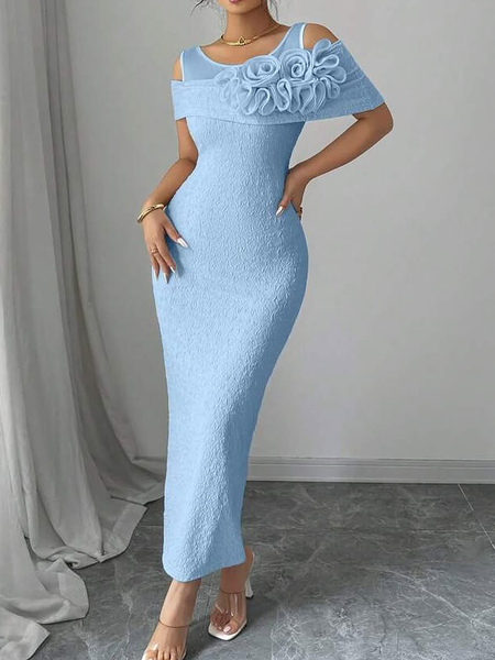 

Elegant Plain 3D Floral Crew Neck Maxi Dress, Blue, Maxi Dresses